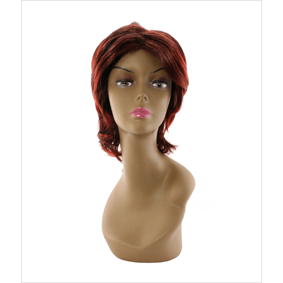 Modern burgundy and red Olivia synthetic wig for women, styled on a mannequin