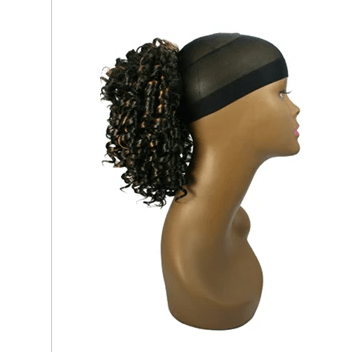 Shirley String hair extension in black and brown highlights with a drawstring closure