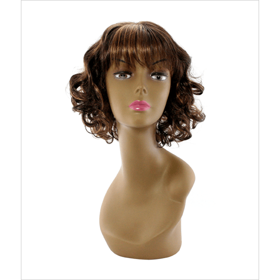 A woman wearing the Unique Sophia Wig with multi-tonal brown hair and auburn highlights in a classic retro style.