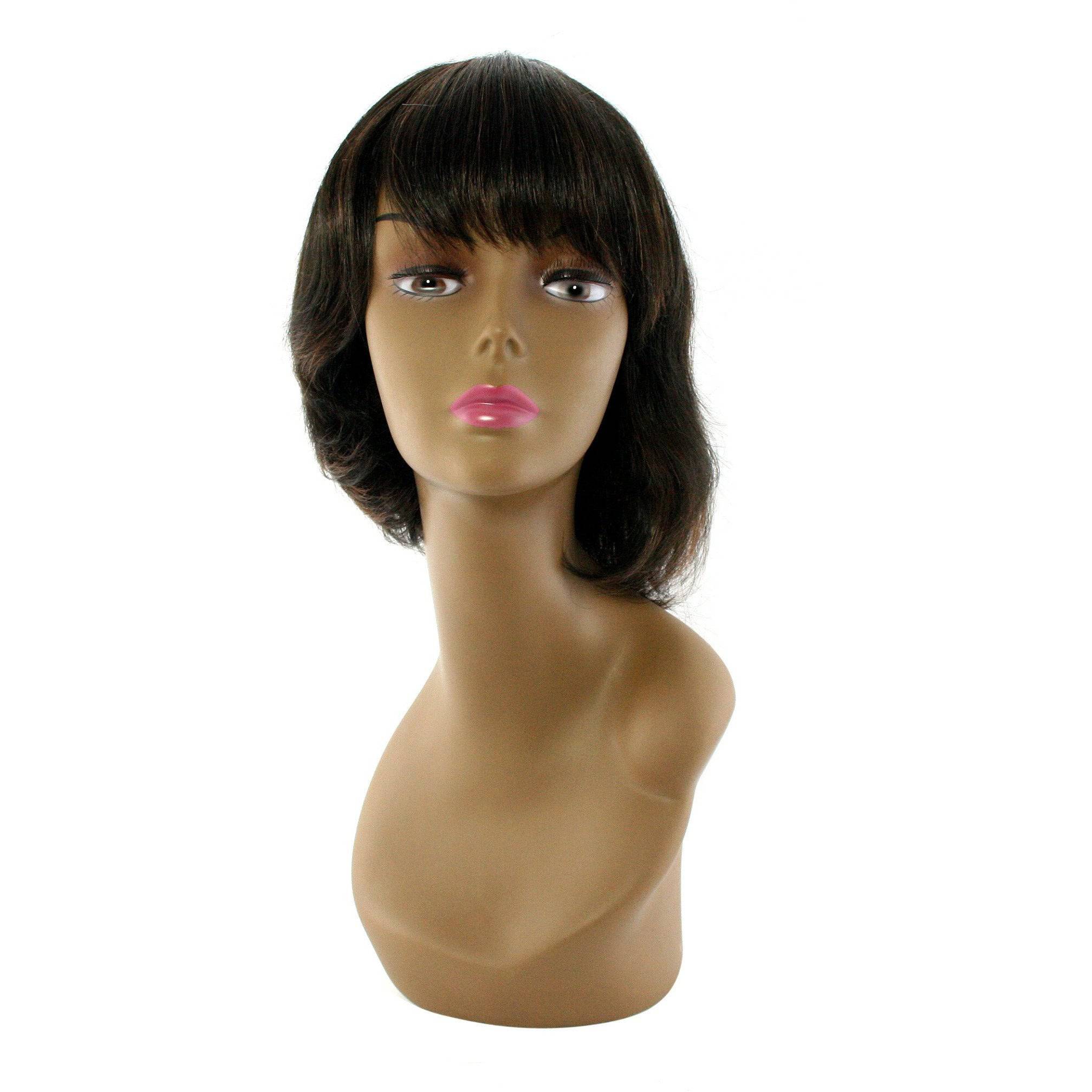 Model wearing a 100% human hair full wig in Style T, showing natural movement and realistic texture
