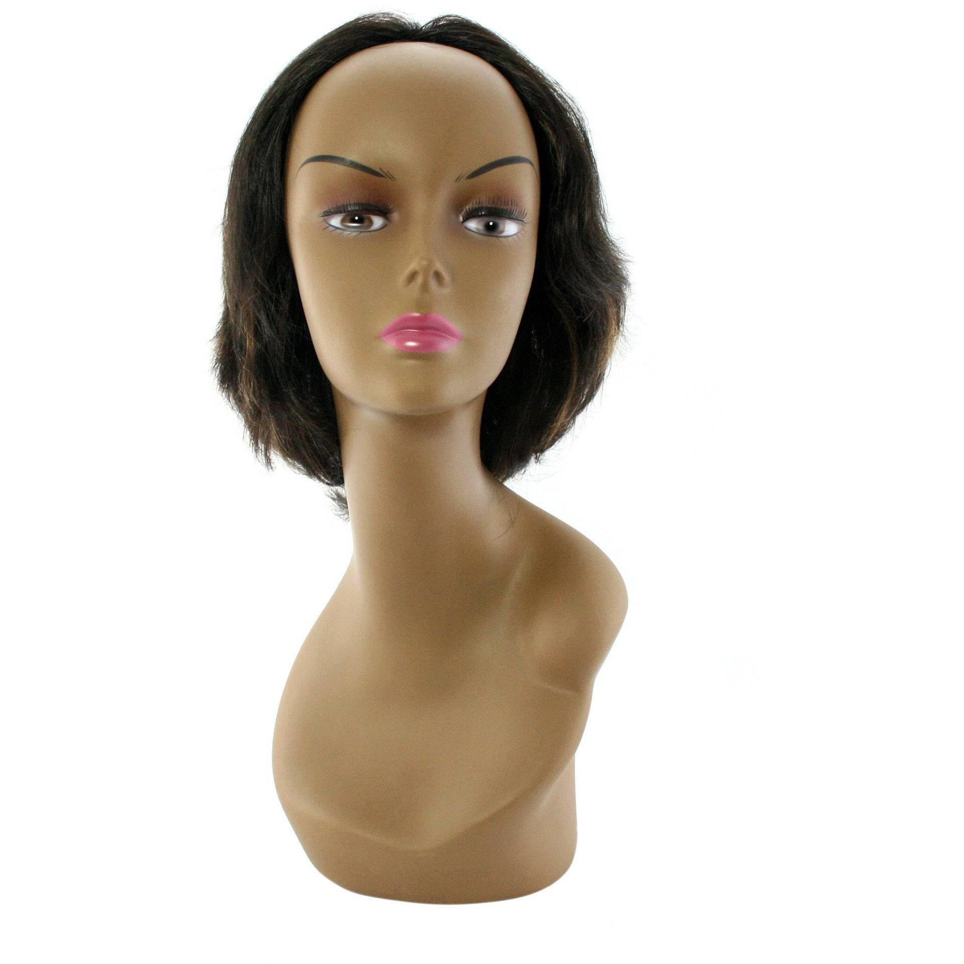 Woman wearing the Mrs. Argentina Style 100% human hair half wig with natural volume and texture