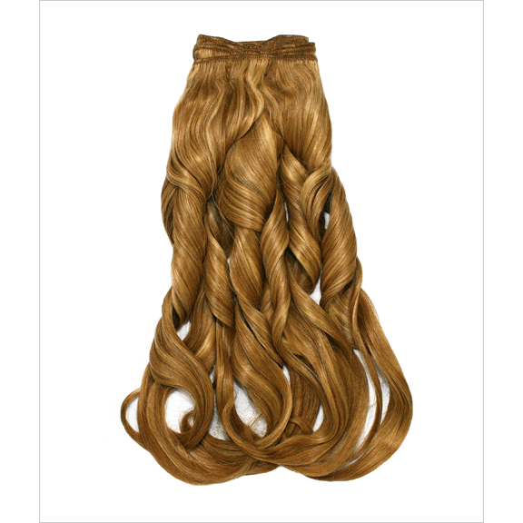 Model wearing human hair elegance curls in light-brown and golden-blonde shades