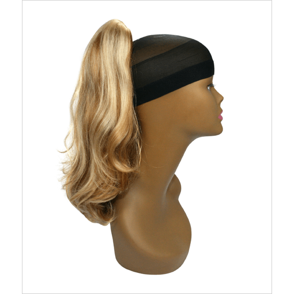 Close up of multi-tonal blonde highlight human hair extensions with a secure clip-in closure.