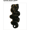 A close-up view of 14-inch Super Body Deep human hair extensions displaying natural volume and texture.