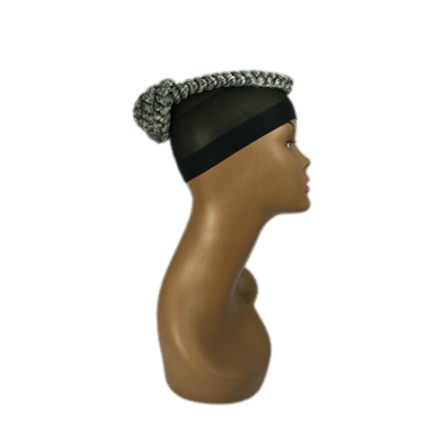 Woman wearing a sleek modern Kanekalon bun hairpiece in black and grey