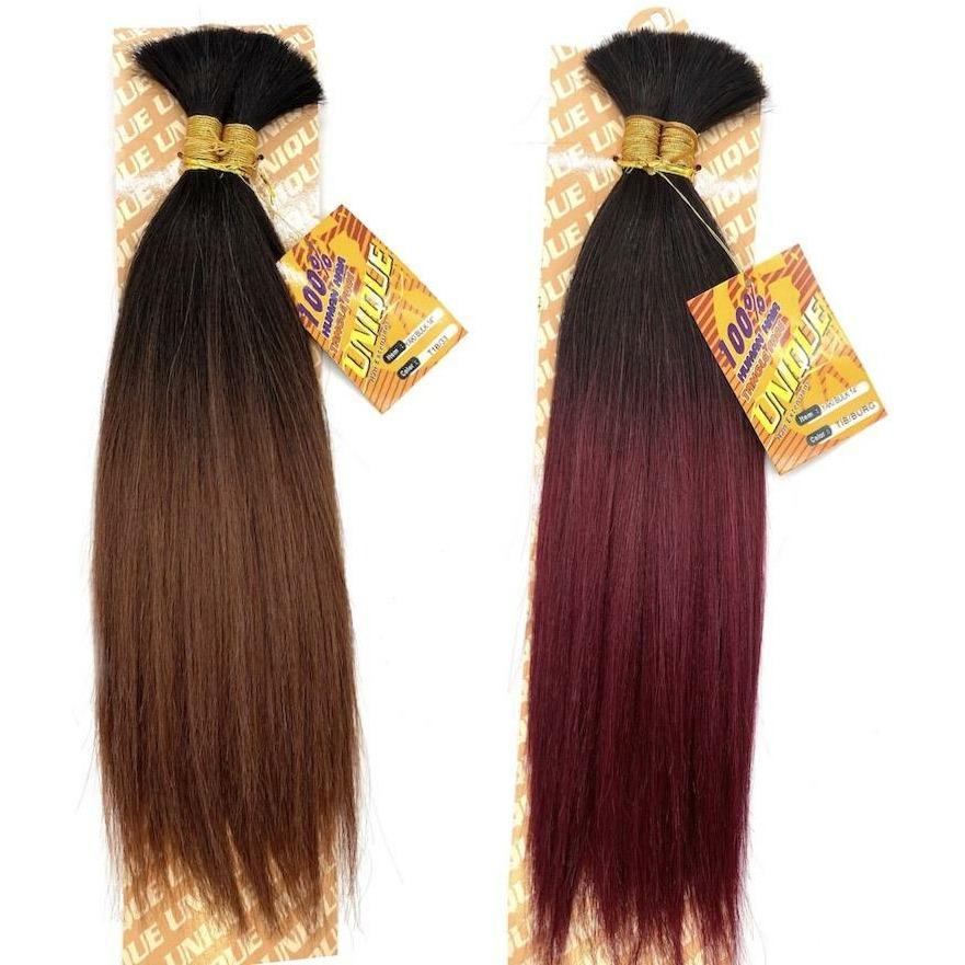 Bundles of 14-inch Yaki Bulk 100% human hair available in black, brown, and burgundy for braiding
