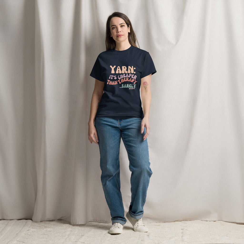 Yarn: It’s Cheaper Than Therapy graphic t-shirt in soft fabric