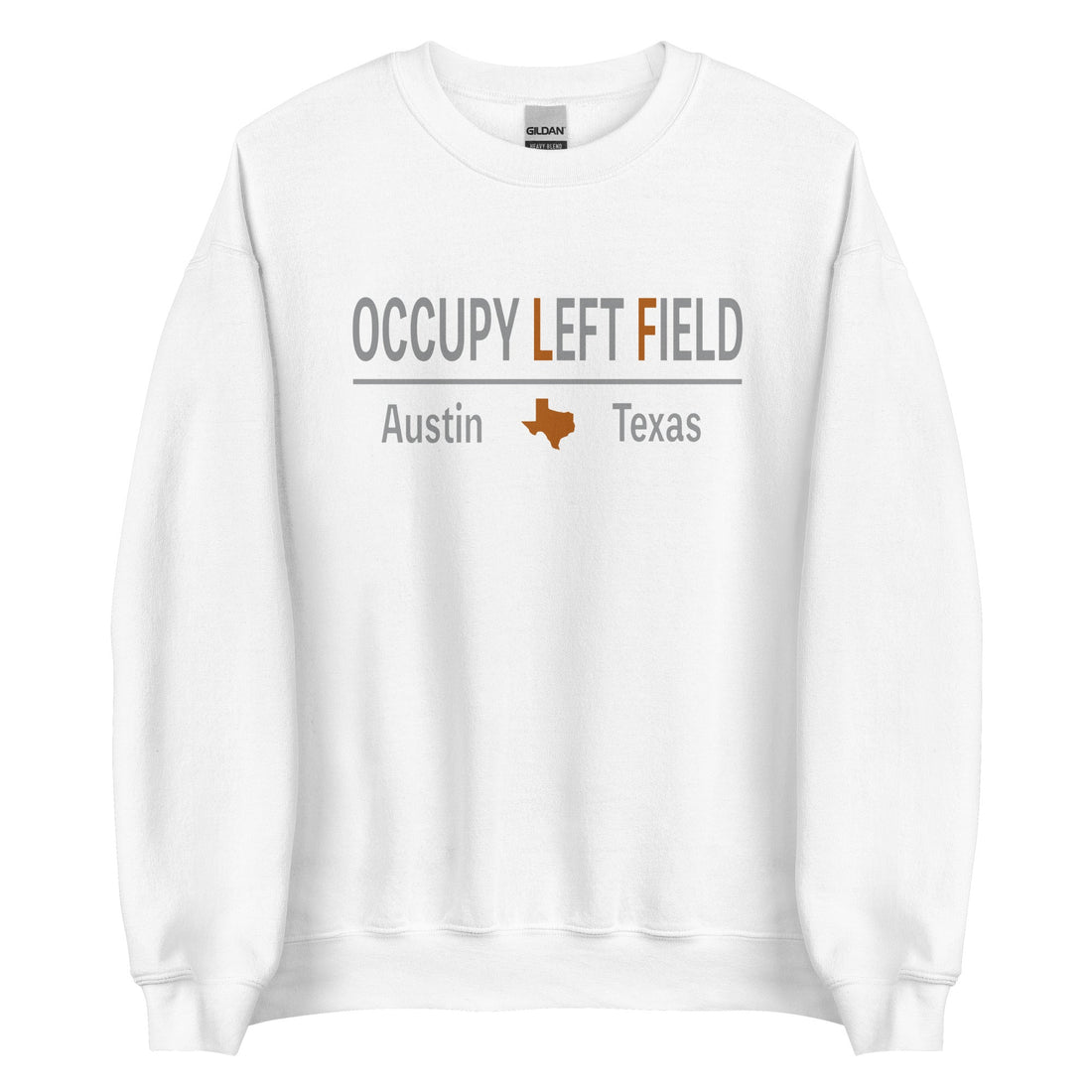 Unisex Occupy Austin crewneck sweatshirt in charcoal knit fabric with orange and grey graphic details