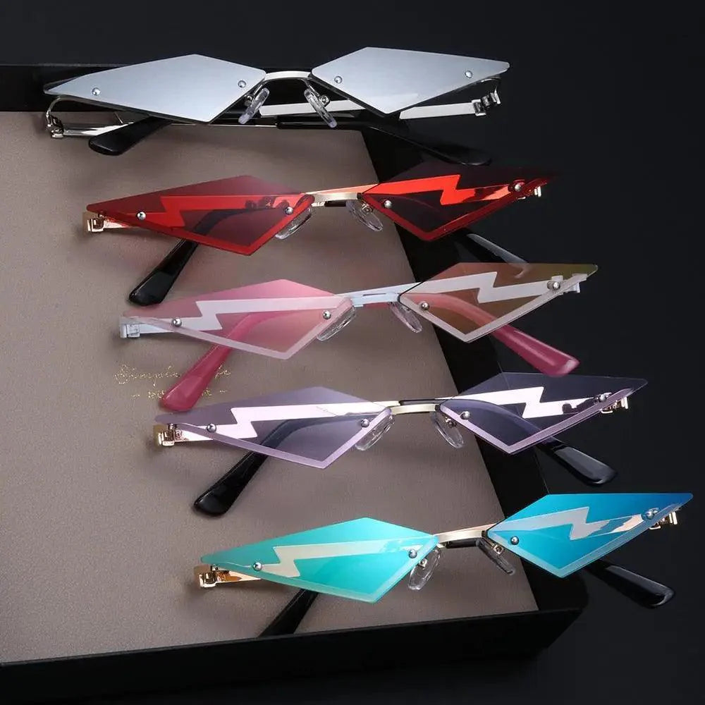 Unisex avant-garde diamond-shaped rimless sunglasses with metallic frames.
