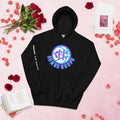 Black unisex hoodie featuring a purple and teal Combo Hoops basketball logo