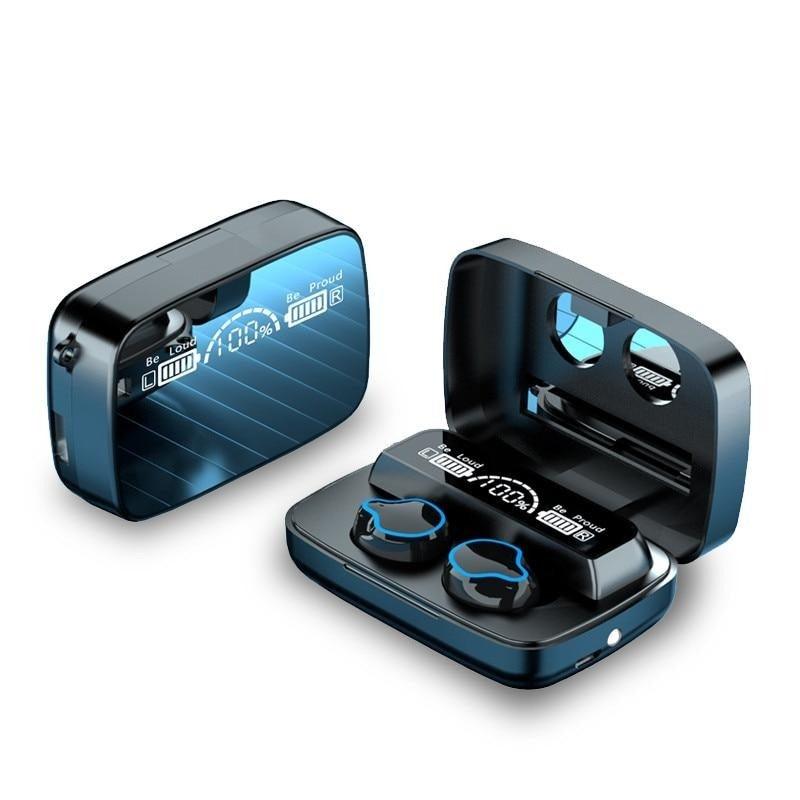 M9 sports earphones with HD LED smart screen charging case, available in black and blue