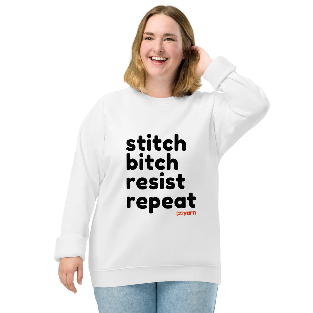 Unisex organic cotton raglan sweatshirt with Stitch Bitch Resist Repeat design