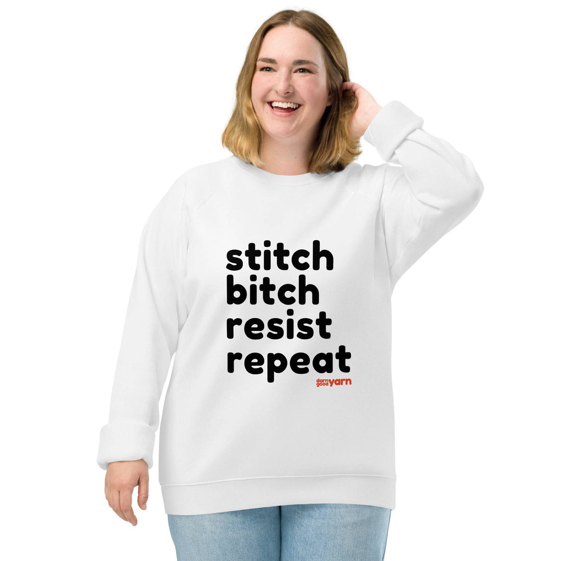 Unisex organic cotton raglan sweatshirt with Stitch Bitch Resist Repeat design