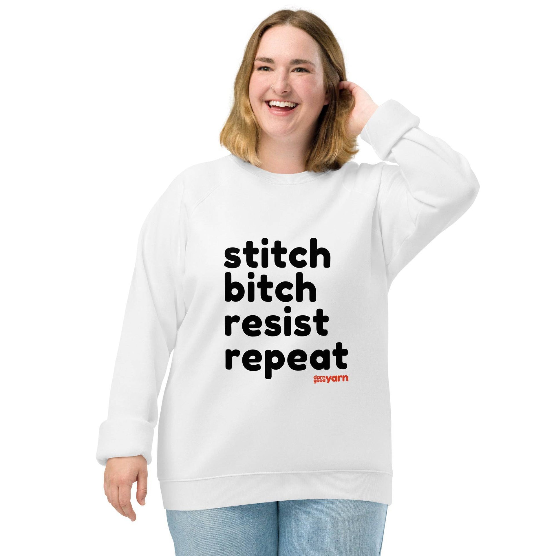Unisex organic cotton raglan sweatshirt with Stitch Bitch Resist Repeat design