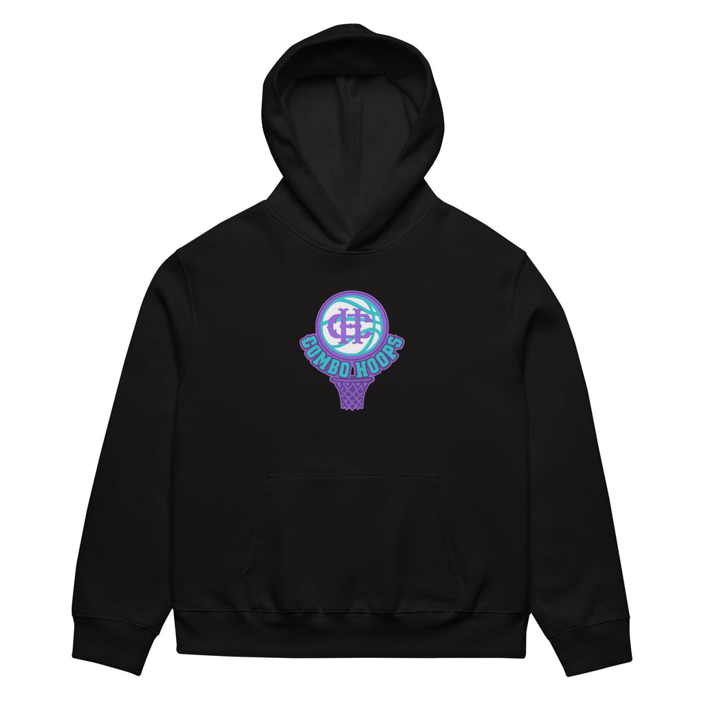 A person wearing a black Nh Combo Hoops oversized heavyweight hoodie with a colorful graphic print.