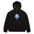 A person wearing a black Nh Combo Hoops oversized heavyweight hoodie with a colorful graphic print.