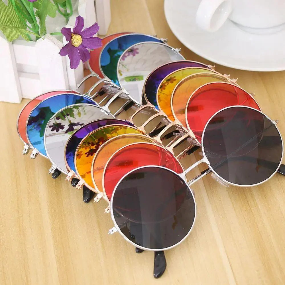 Unisex round retro sunglasses in silver and multi-colored frames.