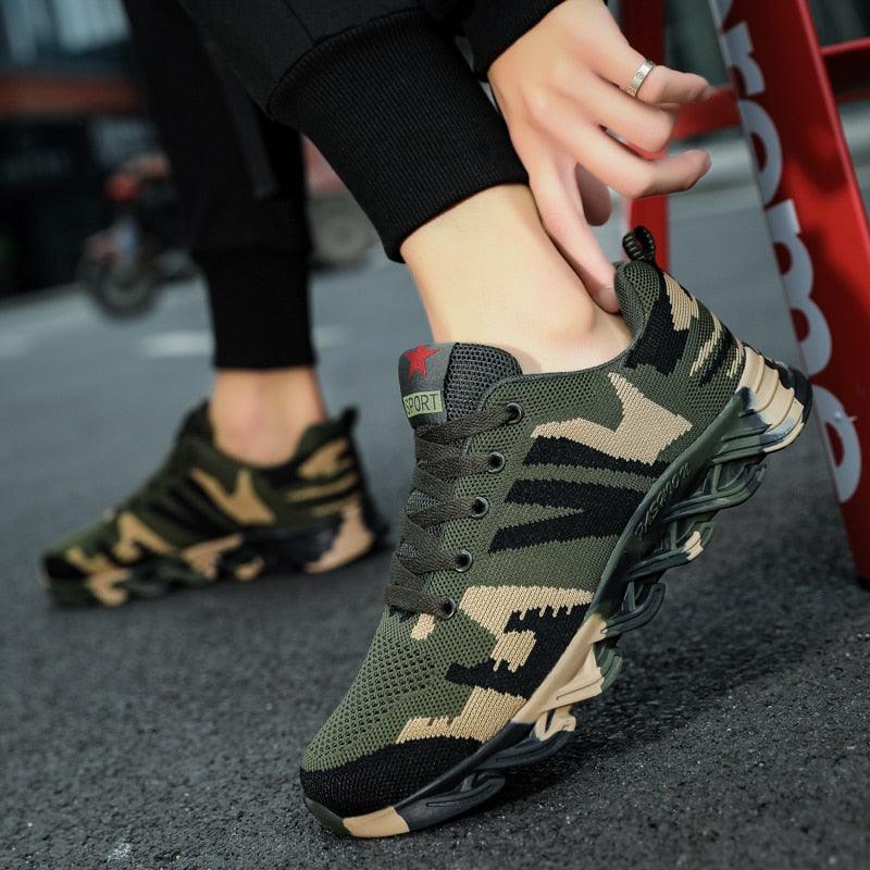 Unisex green camouflage lightweight running sneakers with breathable mesh upper