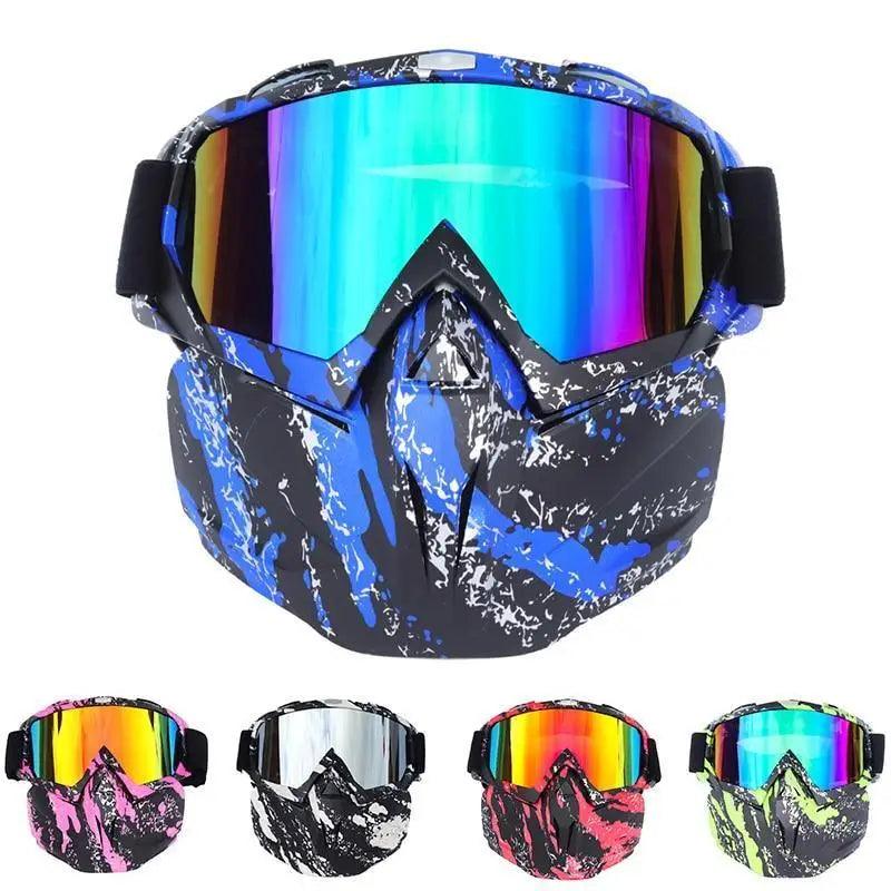 Sporty unisex ski goggles with a detachable face mask in black, blue, and multi-color designs.