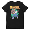 A flat lay of a 2Kool graphic t-shirt featuring a dabbing bear wearing overalls on a black or navy fabric.