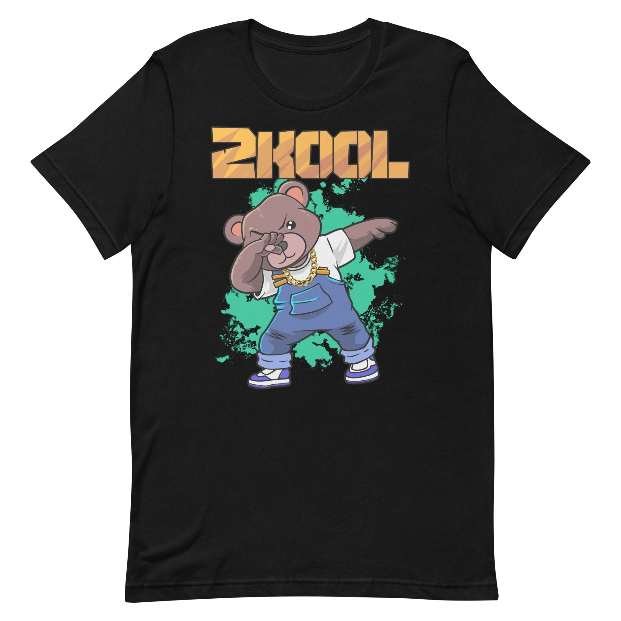 A flat lay of a 2Kool graphic t-shirt featuring a dabbing bear wearing overalls on a black or navy fabric.