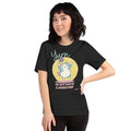 Happy cat tangled in colorful yarn on a graphic t-shirt
