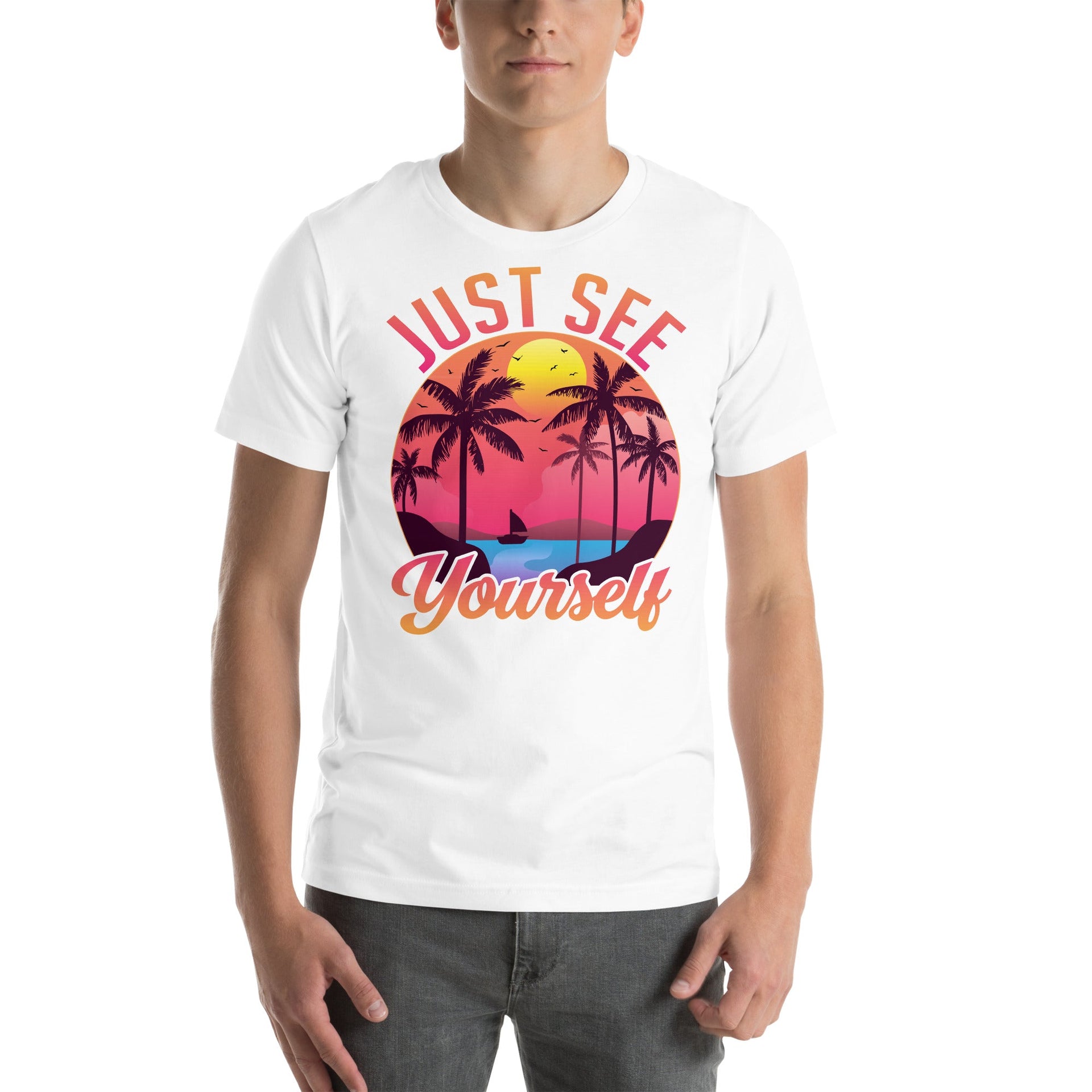 Model wearing a white t-shirt with a colorful tropical sunset print that says Just See Yourself