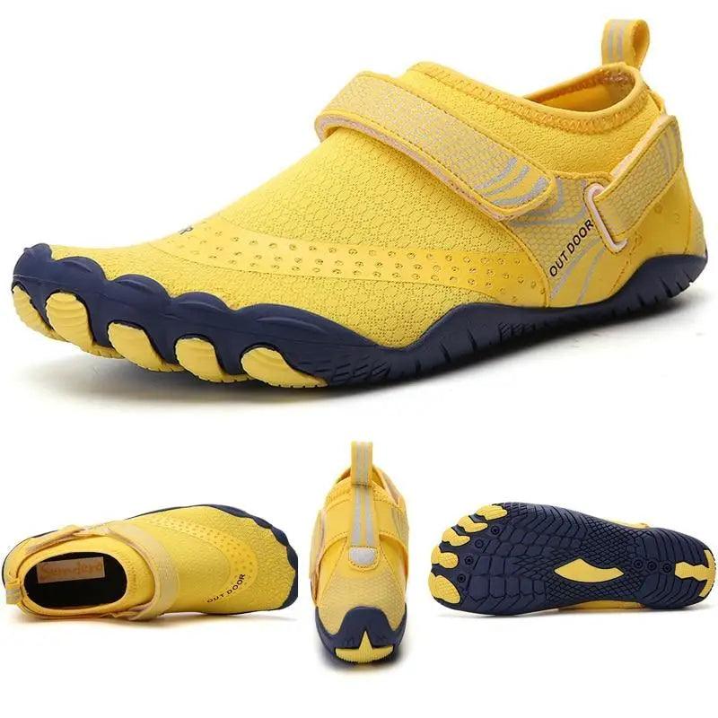 Side profile of a unisex sporty water sneaker in yellow, showing the non-slip rubber sole and protective toe guard.