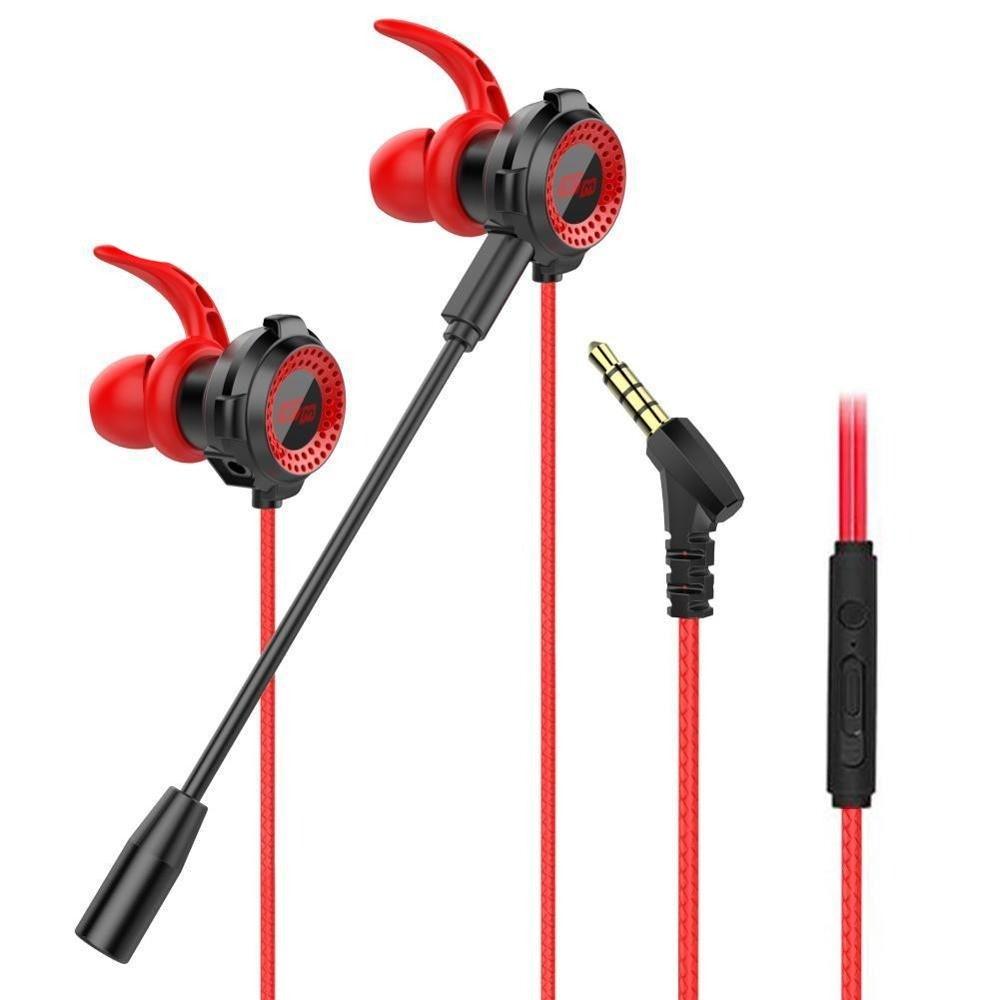 High-contrast black and red wireless gaming earbuds with professional tech-focused design