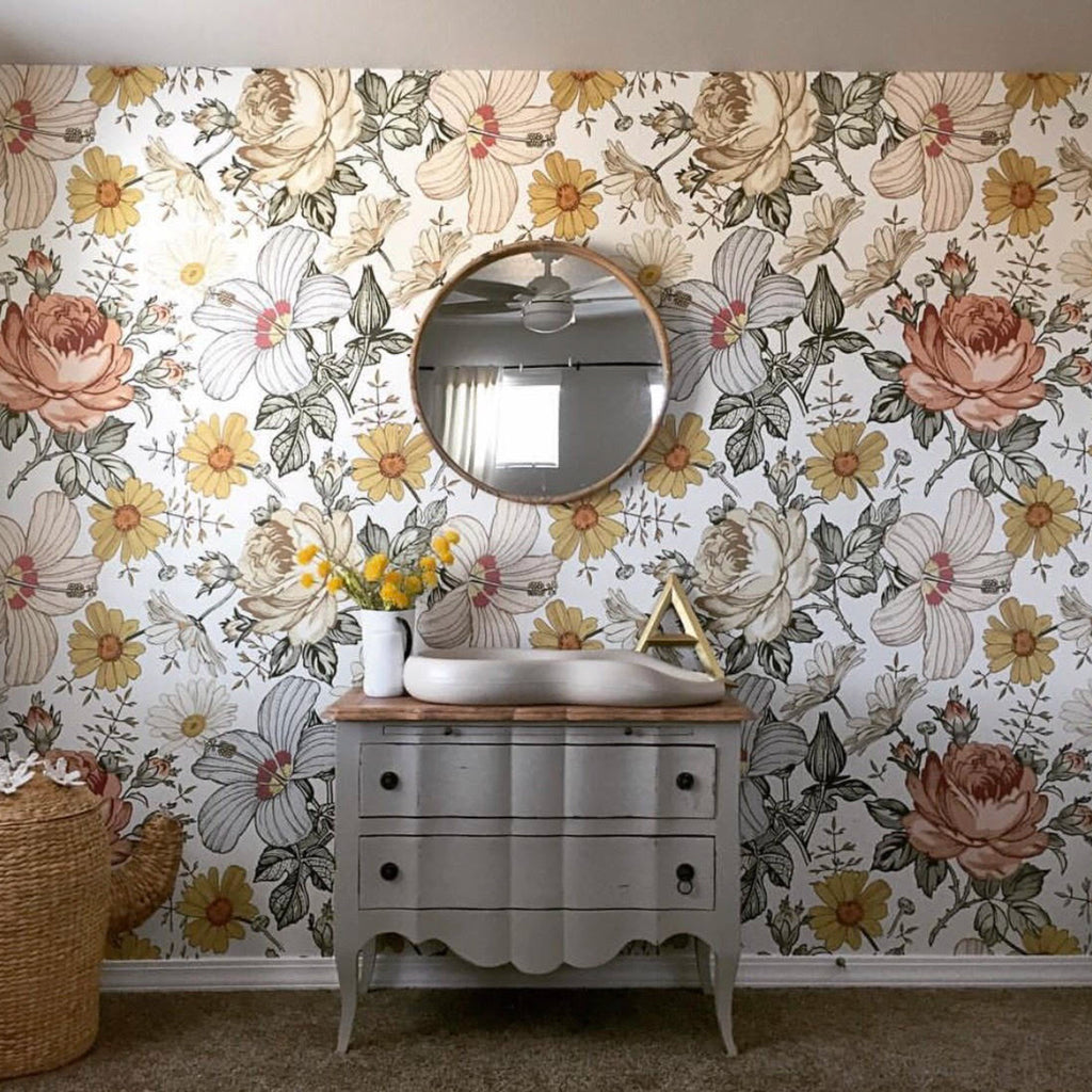 Mila Floral Bohemian Wallpaper in Cream, Orange, and Sage-Green
