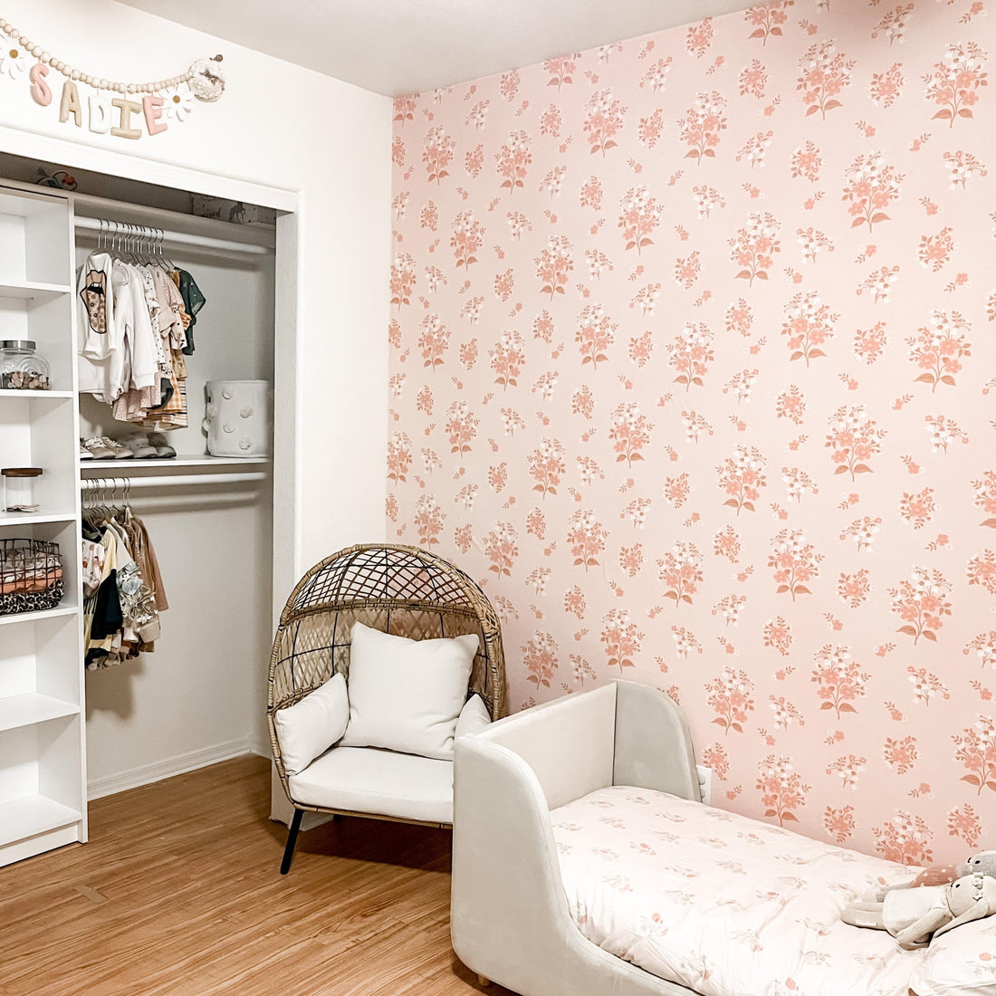 Maisie floral wallpaper in pink and white for nursery and bohemian style decor
