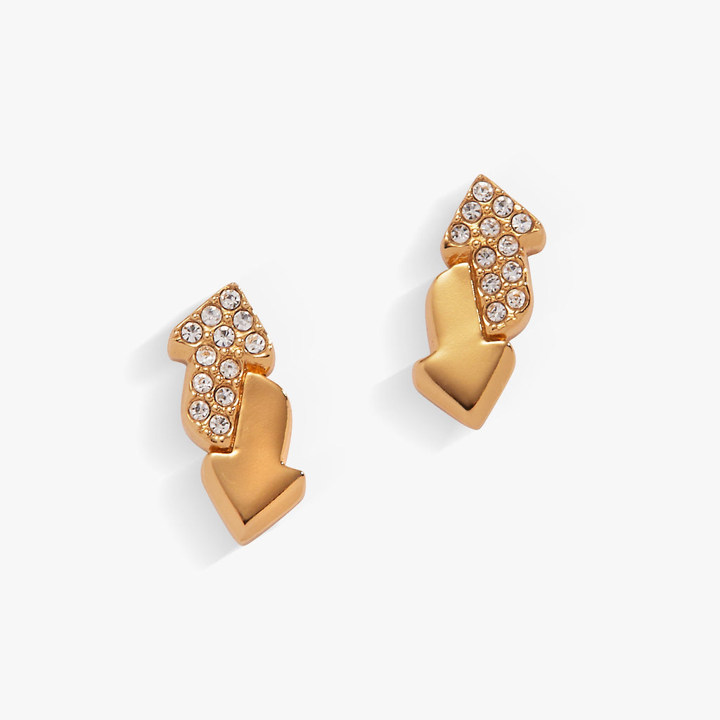 Gold-tone stud earrings featuring the UNO Reverse arrow symbol with one arrow encrusted with clear pavé crystals.