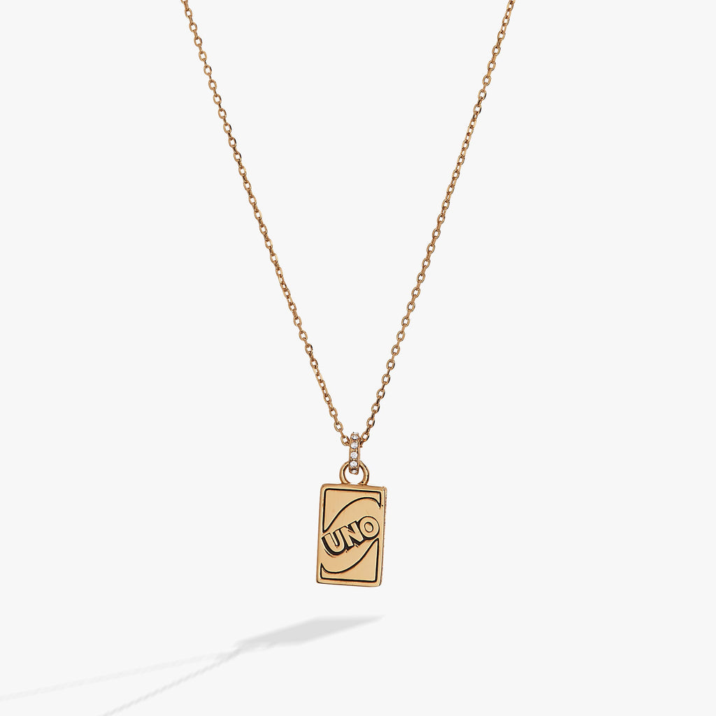Gold-tone UNO game card pendant necklace with pavé crystal rondelle.