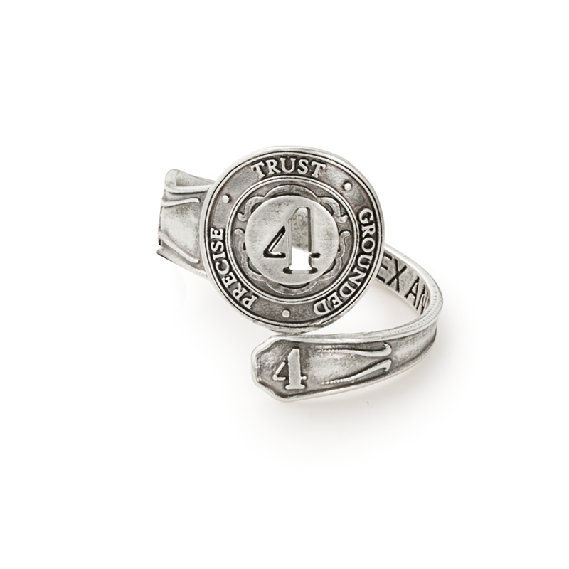 Vintage style oxidized silver Number 4 spoon ring with adjustable wrap design