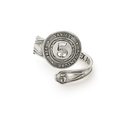 Antiqued silver spoon ring with intricate vintage detailing on a white background.