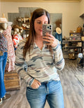 Thea Camo Waffle Long Sleeve in Green with textured fabric detail