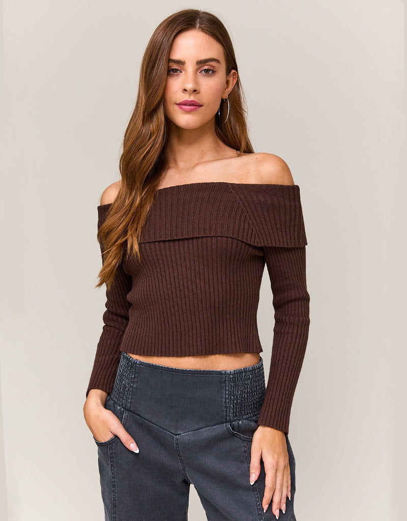 Off Shoulder Tie Back Ribbed Sweater in Dark Chocolate Brown