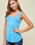 Close up of a sky blue sleeveless modal tank top showcasing the soft, lightweight fabric texture.