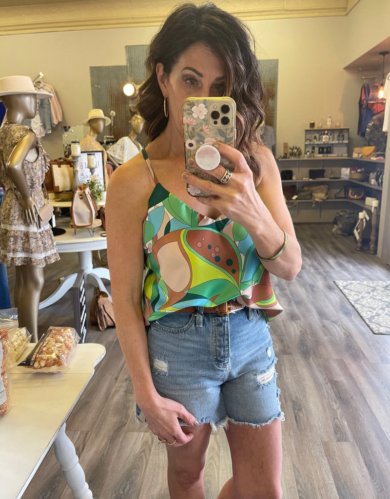 Abstract Leaves Tank Top in Kelly Green sleeveless design with artistic leaf pattern
