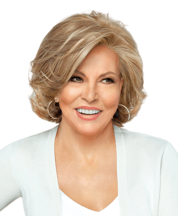 A woman wearing the Untold Story wig in multi-tonal blonde with dark-brown rooted highlights.