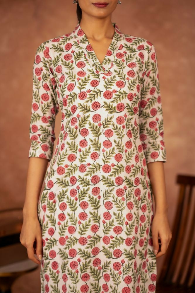 Red Green Hand Block Printed Cotton Suit Set