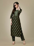 Dark Coffee colored Rayon kurta with intricate embroidery and matching pant set
