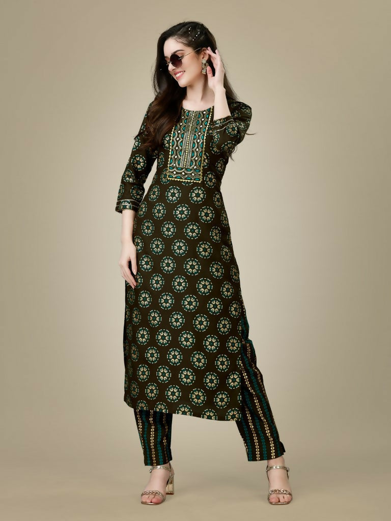 Dark Coffee colored Rayon kurta with intricate embroidery and matching pant set