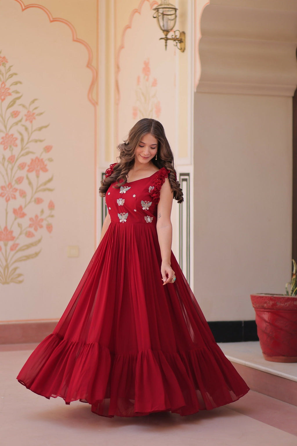 Maroon Georgette Gown with Exquisite Sequence Embroidery Work