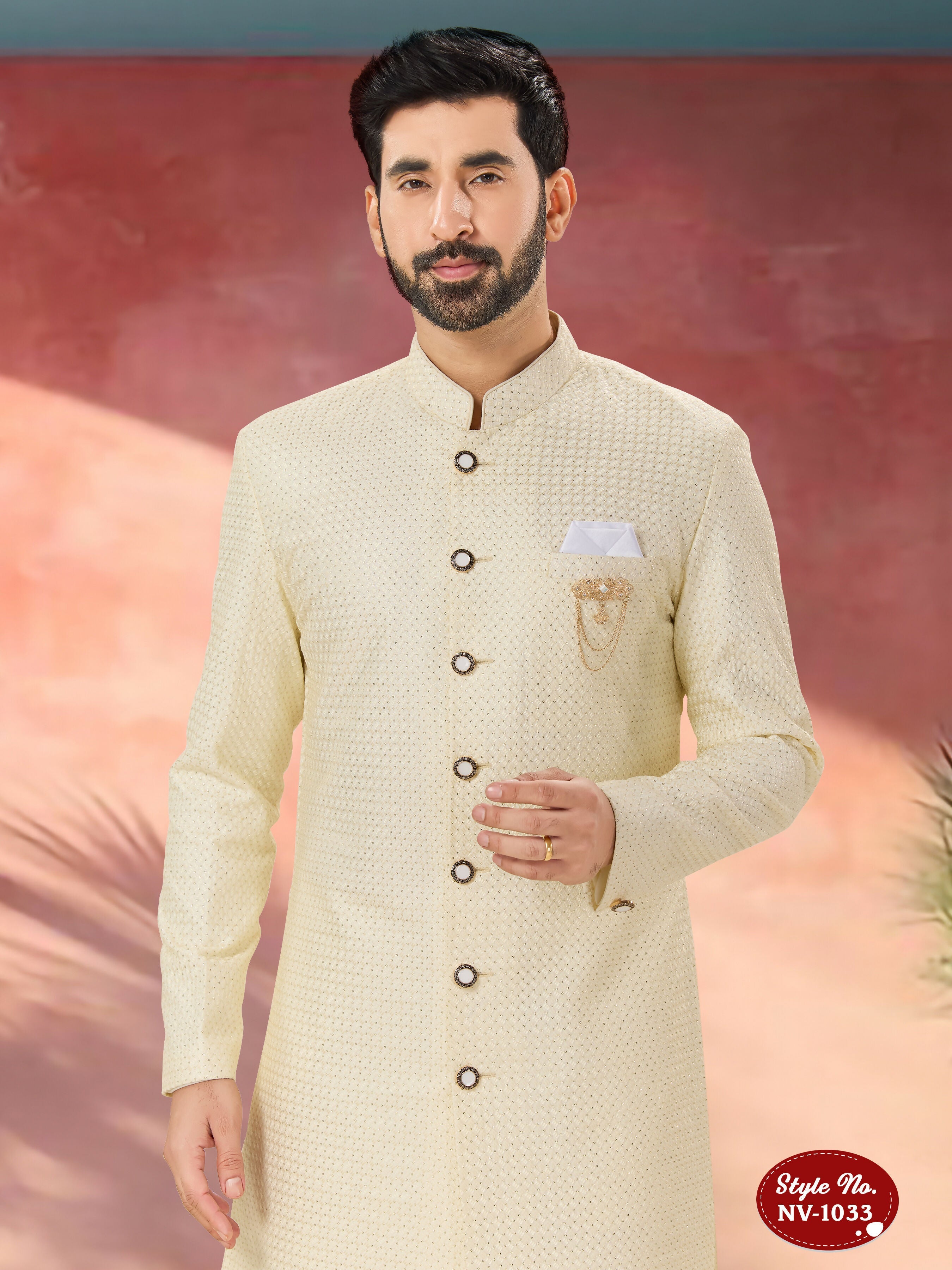 Men's Cream Silk Indo-Western Kurta Set with Sequence Details