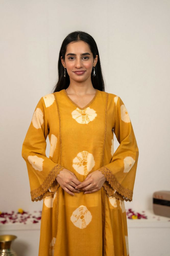 Mustard Yellow Tie & Dye Cotton Suit Set for Women