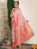 Classic red and white linen cotton saree with matching red blouse fabric.