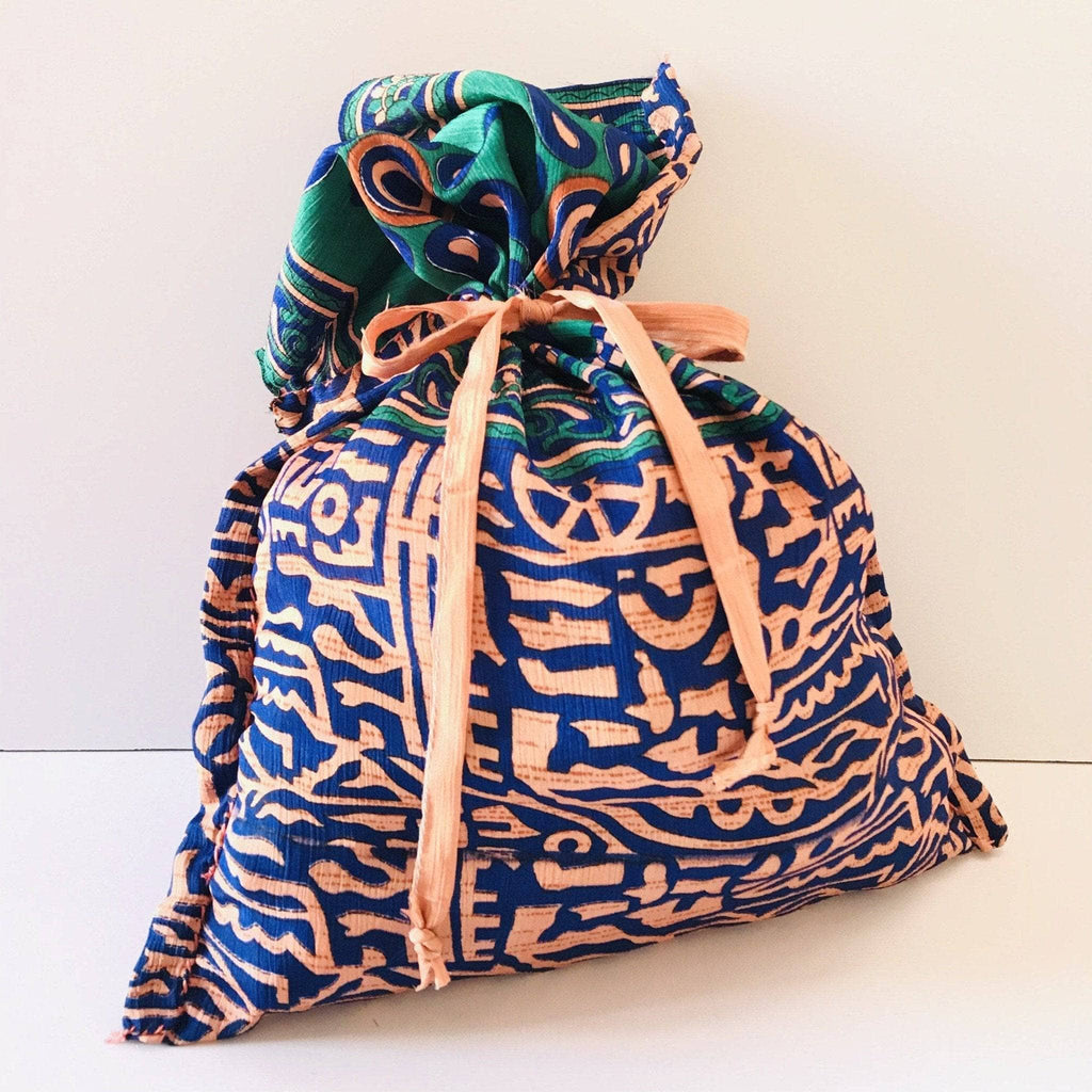 Colorful upcycled silk sari fabric gift bags with abstract patterns