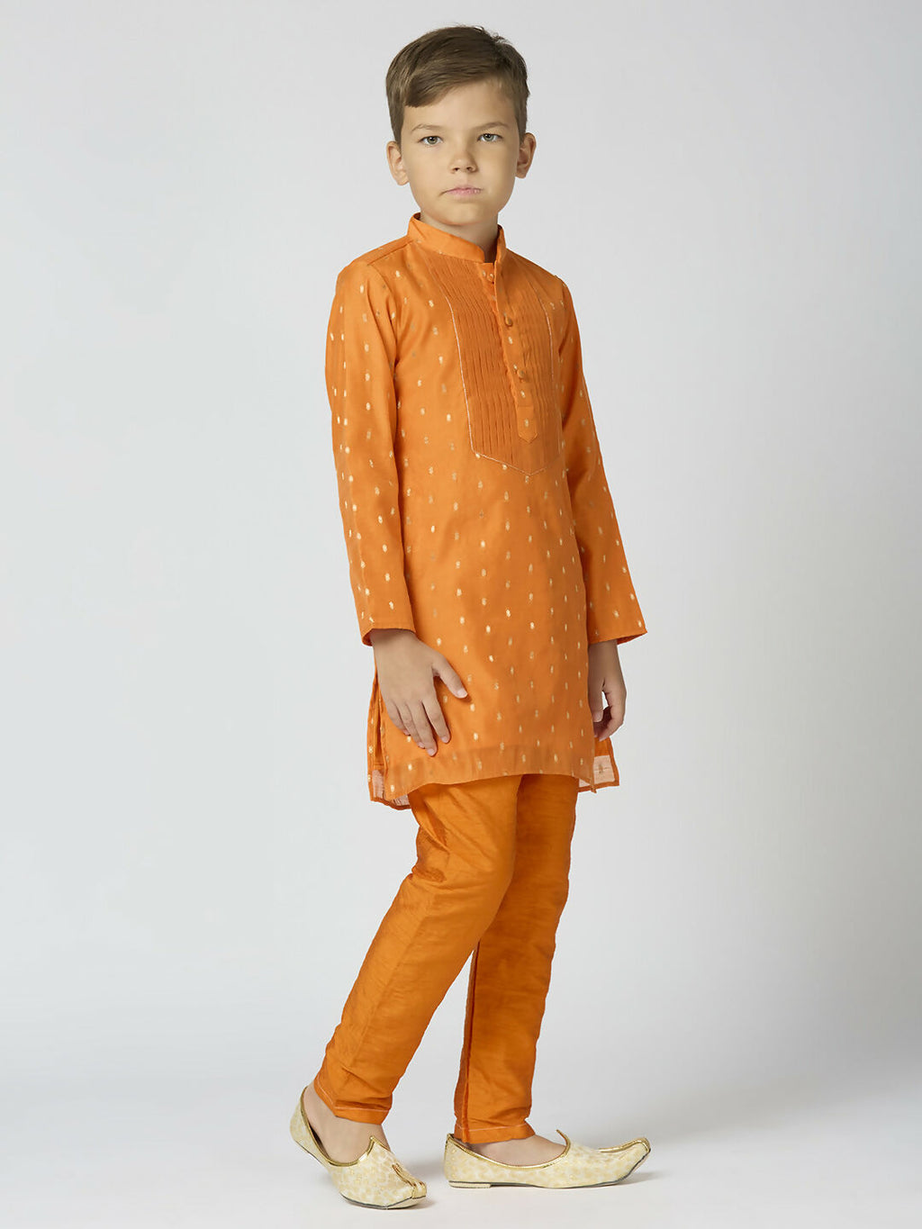 Boys Orange Chanderi Kurta Pyjama Set with Traditional Butta Work