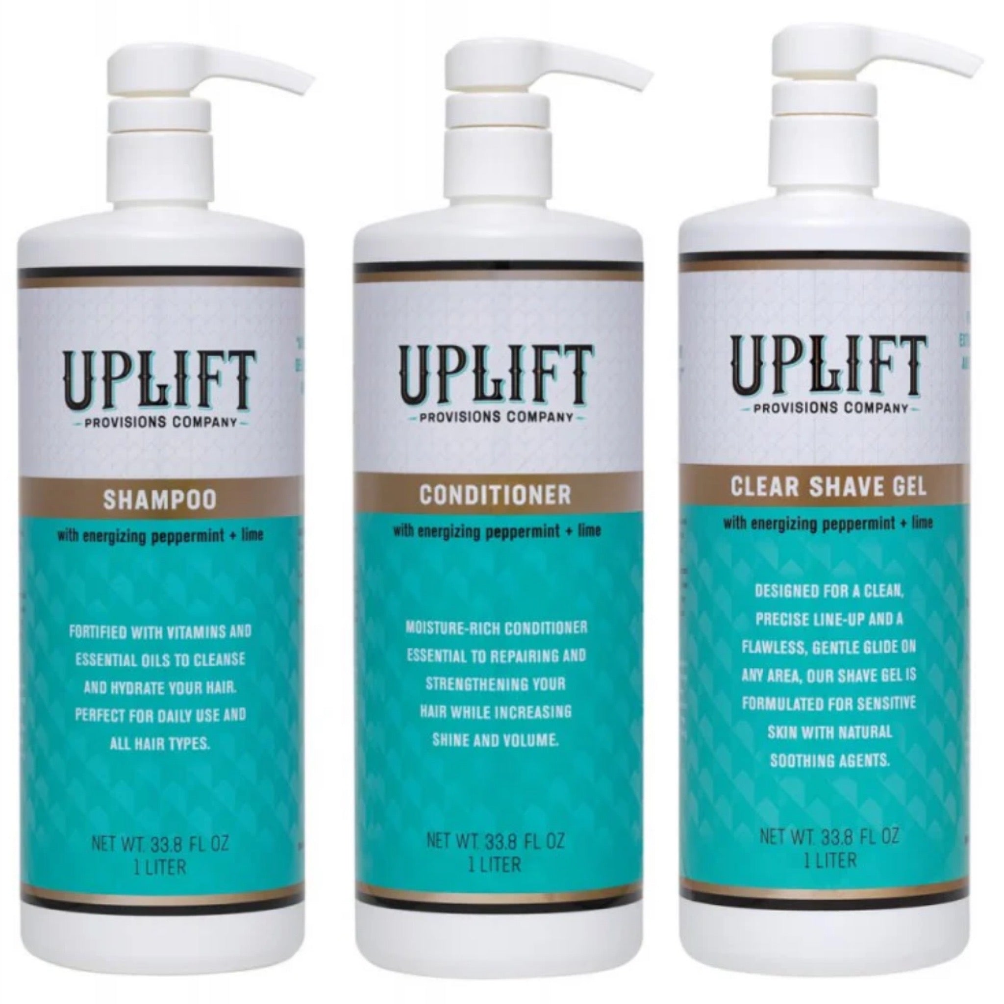 Uplift Provisions Company 1-liter shampoo, conditioner, and shave gel set in white, teal, and brown packaging.